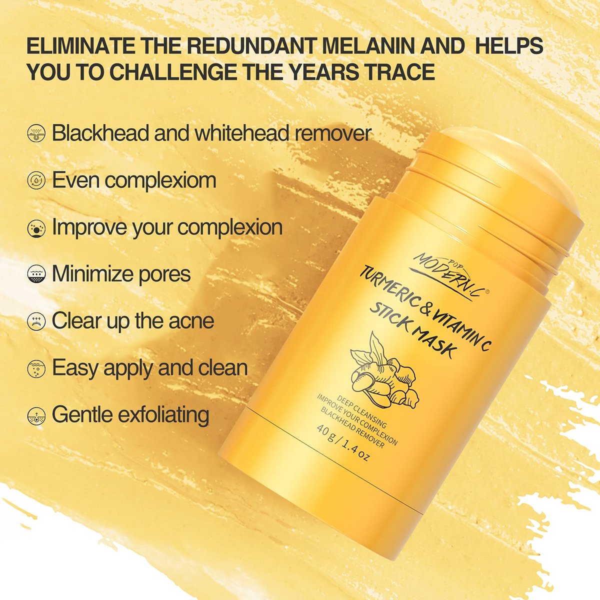 POP MODERN.C Turmeric Clay Stick Mask - Organic Vitamin C Mask for Blackhead Cleansing, Deep Clean Pores, Improve Acne - Includes Blackhead Extractor Tools - görsel 3