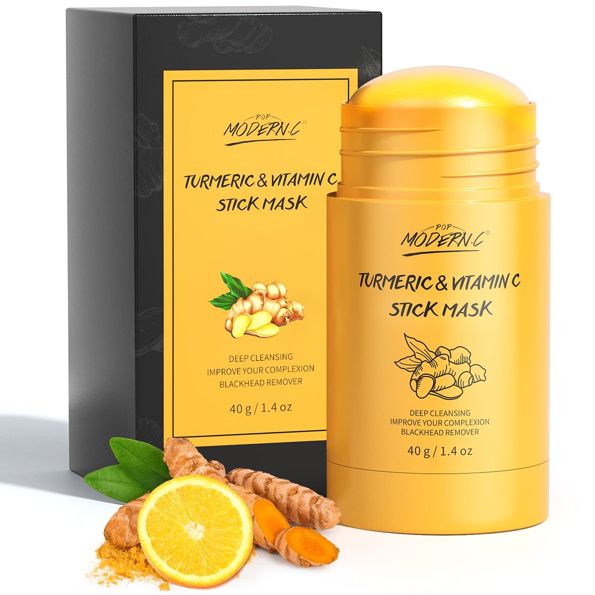 POP MODERN.C Turmeric Clay Stick Mask - Organic Vitamin C Mask for Blackhead Cleansing, Deep Clean Pores, Improve Acne - Includes Blackhead Extractor Tools - görsel 1