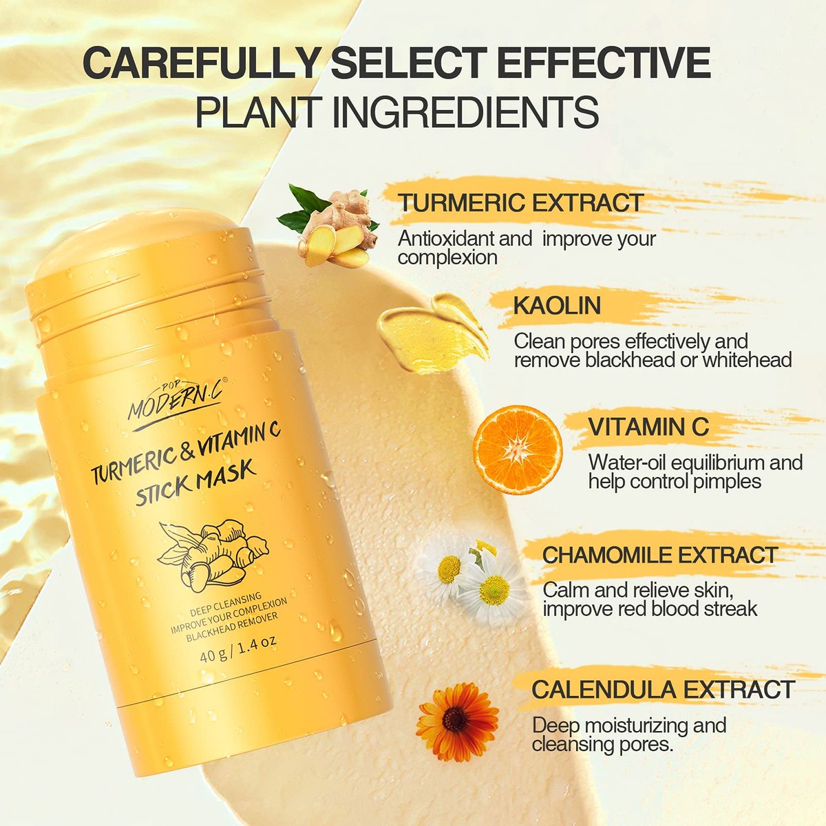 POP MODERN.C Turmeric Clay Stick Mask - Organic Vitamin C Mask for Blackhead Cleansing, Deep Clean Pores, Improve Acne - Includes Blackhead Extractor Tools - görsel 5