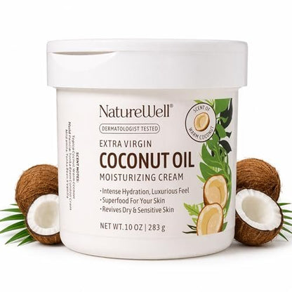 NATURE WELL Coconut Oil Moisturizing Cream – Deep Hydration Lotion for Face, Body & Hands, Non-Greasy, Fast Absorbing with Vitamins A C E (10 oz) Avelisse