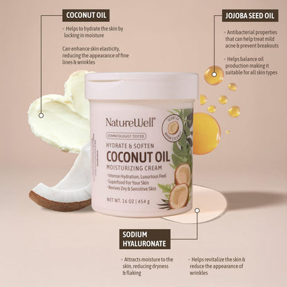 NATURE WELL Coconut Oil Moisturizing Cream – Deep Hydration Lotion for Face, Body & Hands, Non-Greasy, Fast Absorbing with Vitamins A C E (10 oz) Avelisse