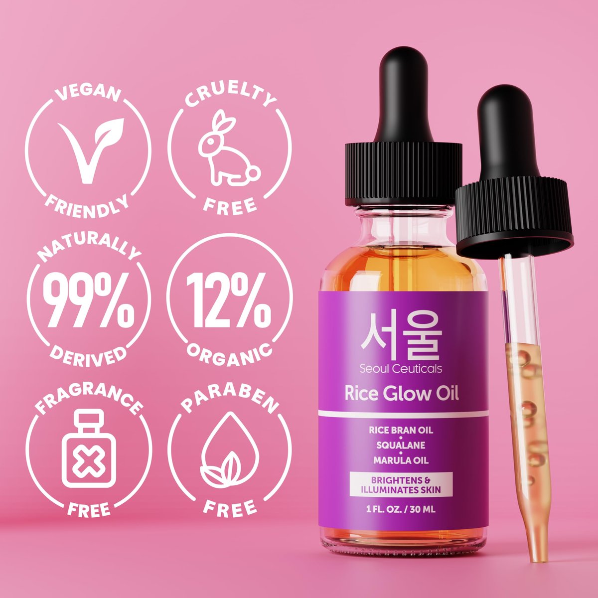 SeoulCeuticals Rice Bran Oil for Skin – Korean Skin Care Facial Glow Oil with Squalane & Vitamin E – Cruelty Free K Beauty Skincare 1oz Avelisse