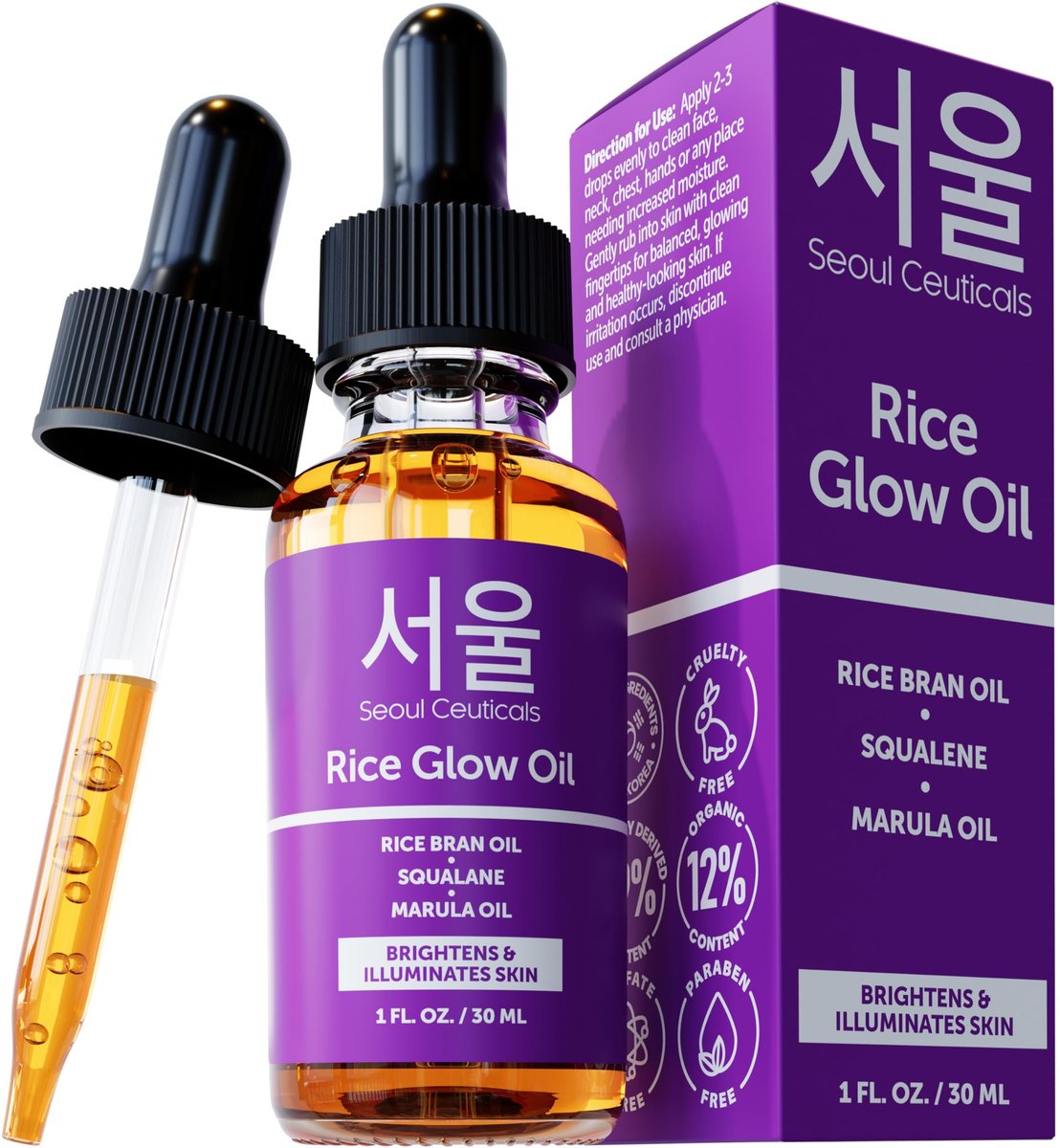 SeoulCeuticals Rice Bran Oil for Skin – Korean Skin Care Facial Glow Oil with Squalane & Vitamin E – Cruelty Free K Beauty Skincare 1oz Avelisse