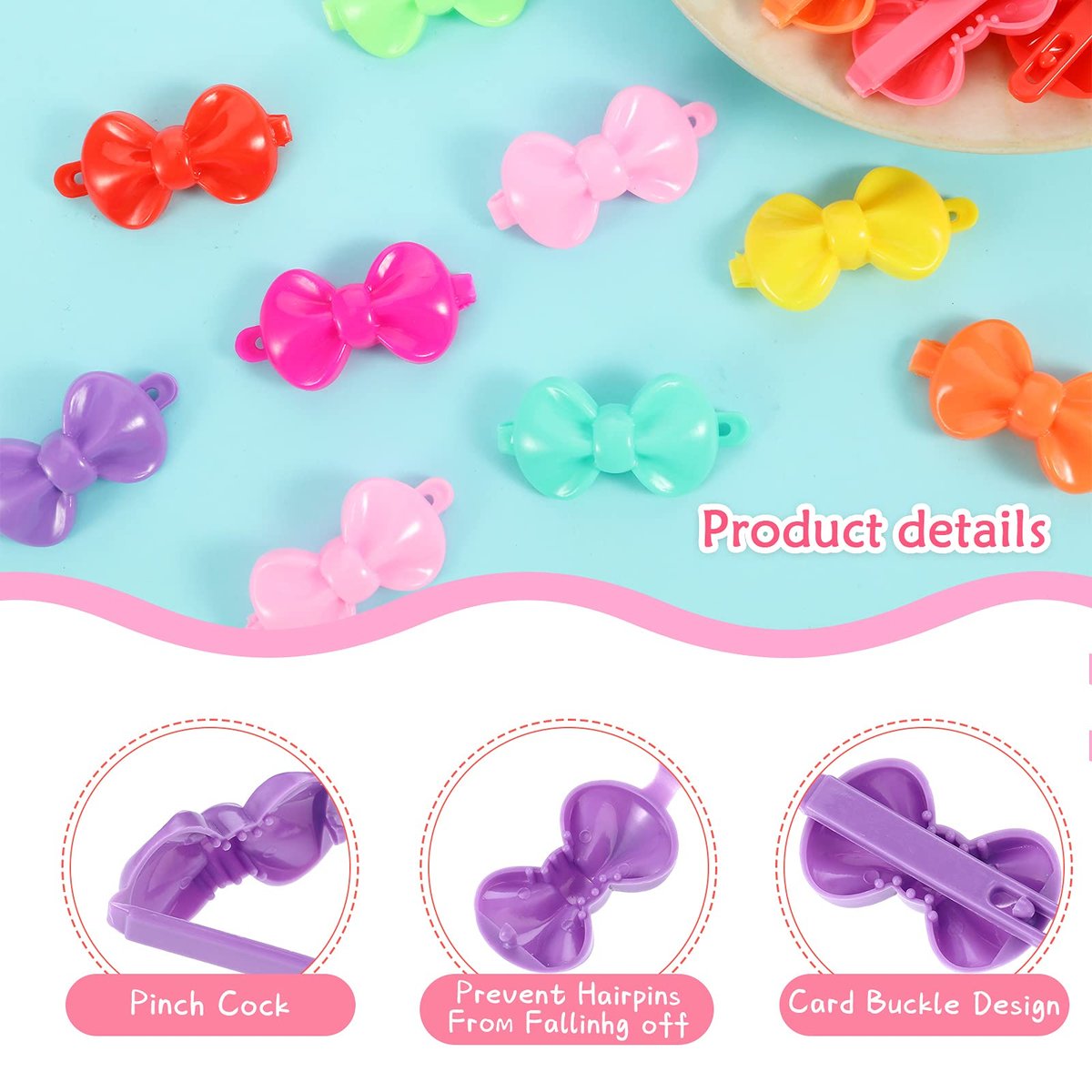 WILLBOND 100-Piece Girls Hair Barrettes – Self-Hinge Plastic Clips for Toddlers, Kids, Baby – Colorful Cute Cartoon Hair Pin Accessories (Bow) - görsel 5