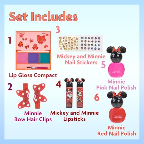 Disney Minnie Mouse Cosmetic Makeup Gift Bag Set – Lip Gloss, Nail Polish & Hair Accessories for Kids Girls Ages 3+ by Townley Girl Avelisse