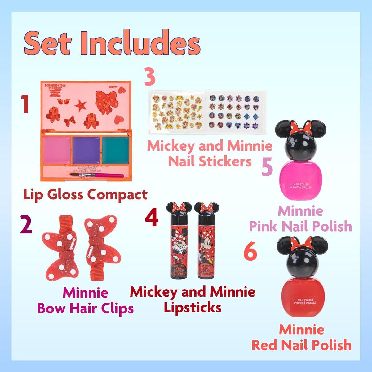 Disney Minnie Mouse Cosmetic Makeup Gift Bag Set – Lip Gloss, Nail Polish & Hair Accessories for Kids Girls Ages 3+ by Townley Girl Avelisse