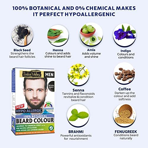 Indus Valley 100% Botanical Hypoallergenic Beard Color for Men - Natural Black, Ammonia & PPD Free, 8 Organic Ingredients, Vegan (100g + 15ml) Avelisse