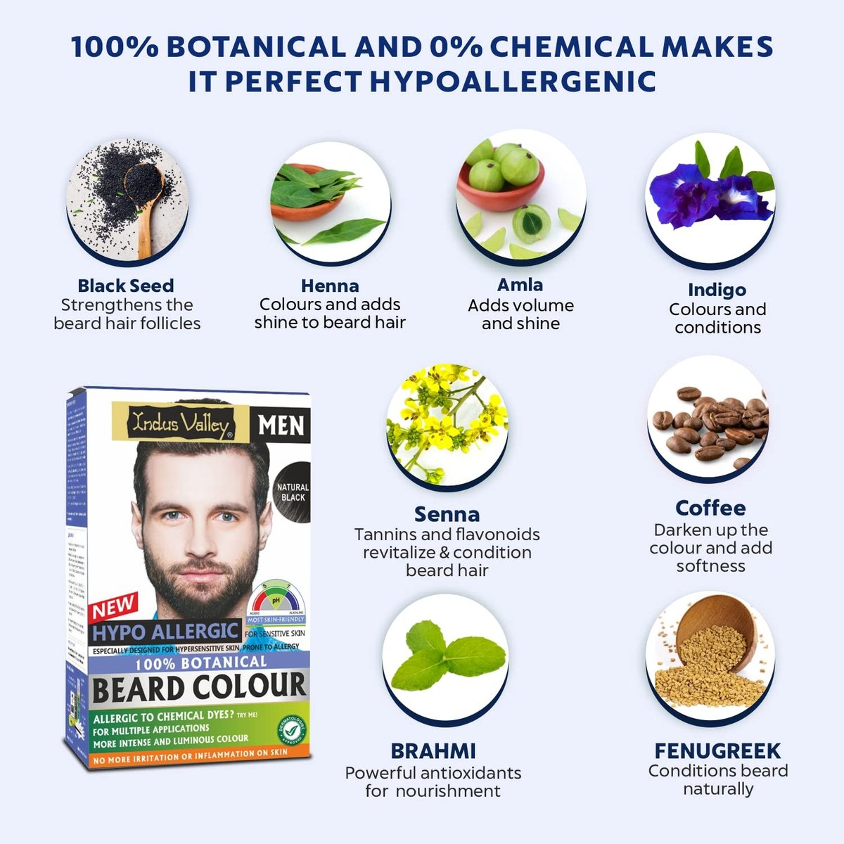 Indus Valley 100% Botanical Hypoallergenic Beard Color for Men - Natural Black, Ammonia & PPD Free, 8 Organic Ingredients, Vegan (100g + 15ml) Avelisse