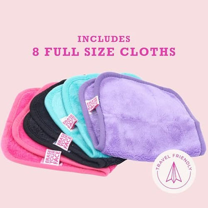 ERASE YOUR FACE Makeup Remover Cloths - Reusable Microfiber Face Towels, 8 Count, Dual-Sided Design, Water Activated, Great Gift Avelisse