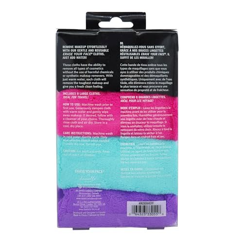 ERASE YOUR FACE Makeup Remover Cloths - Reusable Microfiber Face Towels, 8 Count, Dual-Sided Design, Water Activated, Great Gift Avelisse