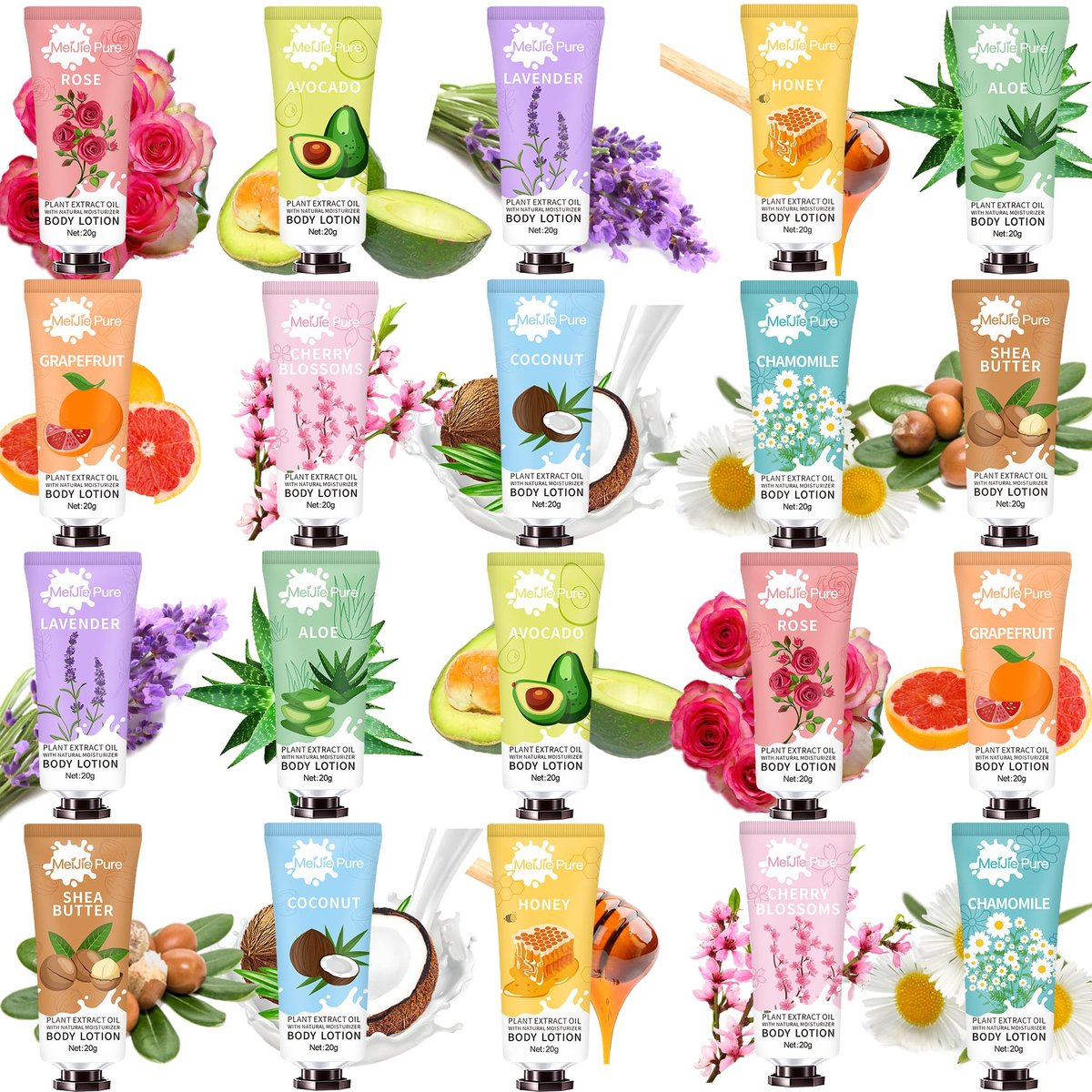 20 Pack Lotion for Women - Travel Size Body Moisturizer with Shea Butter, Natural Fragrances (Shea Butter, Aloe, Rose, Honey, Cherry Blossom) - görsel 1