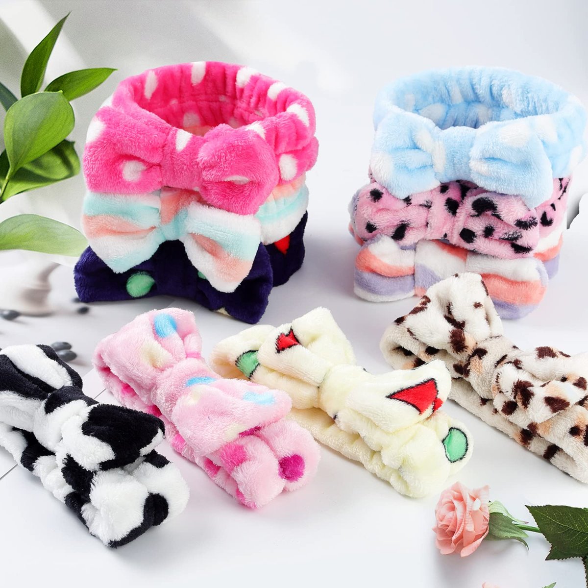 LAXIZAR 10-Pack Bow Headbands for Women - Coral Velvet Shower Spa Headwraps for Washing Face & Hair Avelisse