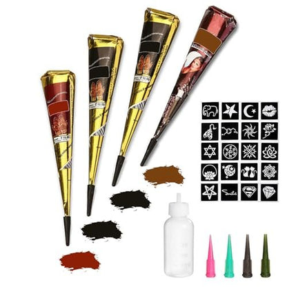 Yomagine Temporary Tattoos Kit – 4 Semi Permanent Tattoo Paste Cones, 3 Colors, 20 Stencils, DIY Body Art for Women, Men & Teens Avelisse