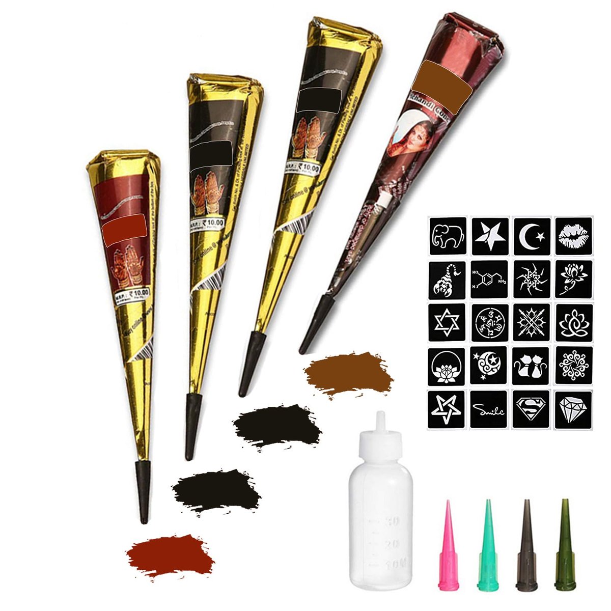 Yomagine Temporary Tattoos Kit – 4 Semi Permanent Tattoo Paste Cones, 3 Colors, 20 Stencils, DIY Body Art for Women, Men & Teens Avelisse