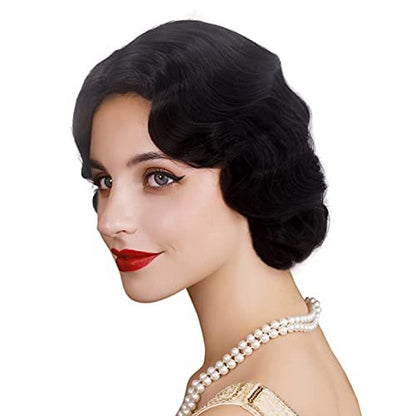 REEWES Long 1920s Finger Wave Wig - Vintage Curly Short Synthetic Hair Wig for Women, Cosplay Costume Fancy Dress with Wig Cap (Black)