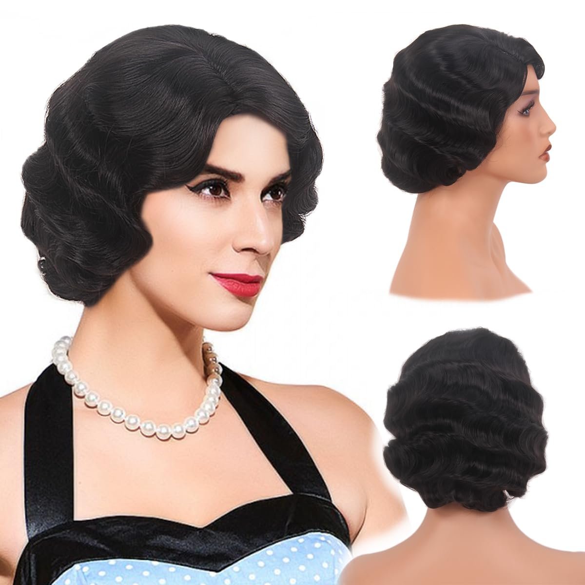 REEWES Long 1920s Finger Wave Wig - Vintage Curly Short Synthetic Hair Wig for Women, Cosplay Costume Fancy Dress with Wig Cap (Black) - görsel 3