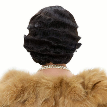 REEWES Long 1920s Finger Wave Wig - Vintage Curly Short Synthetic Hair Wig for Women, Cosplay Costume Fancy Dress with Wig Cap (Black)