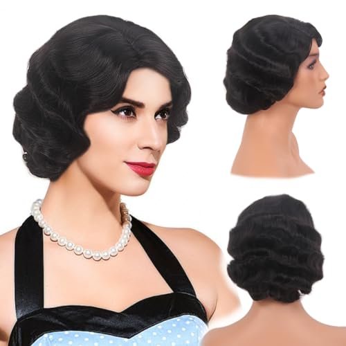 REEWES Long 1920s Finger Wave Wig - Vintage Curly Short Synthetic Hair Wig for Women, Cosplay Costume Fancy Dress with Wig Cap (Black) - görsel 4
