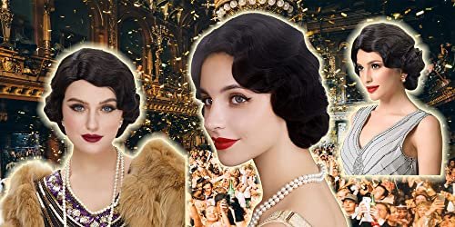 REEWES Long 1920s Finger Wave Wig - Vintage Curly Short Synthetic Hair Wig for Women, Cosplay Costume Fancy Dress with Wig Cap (Black) - görsel 6