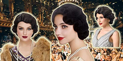 REEWES Long 1920s Finger Wave Wig - Vintage Curly Short Synthetic Hair Wig for Women, Cosplay Costume Fancy Dress with Wig Cap (Black)