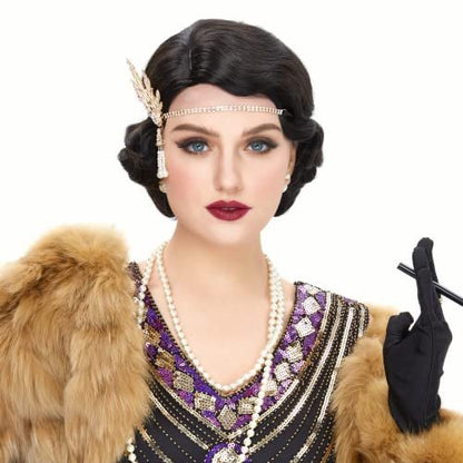 REEWES Long 1920s Finger Wave Wig - Vintage Curly Short Synthetic Hair Wig for Women, Cosplay Costume Fancy Dress with Wig Cap (Black)