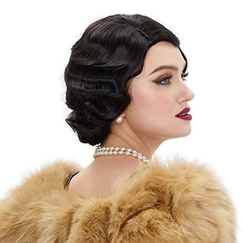 REEWES Long 1920s Finger Wave Wig - Vintage Curly Short Synthetic Hair Wig for Women, Cosplay Costume Fancy Dress with Wig Cap (Black) - görsel 12
