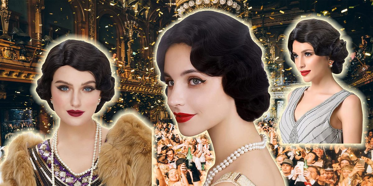 REEWES Long 1920s Finger Wave Wig - Vintage Curly Short Synthetic Hair Wig for Women, Cosplay Costume Fancy Dress with Wig Cap (Black) - görsel 5