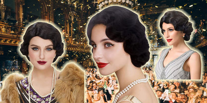 REEWES Long 1920s Finger Wave Wig - Vintage Curly Short Synthetic Hair Wig for Women, Cosplay Costume Fancy Dress with Wig Cap (Black)
