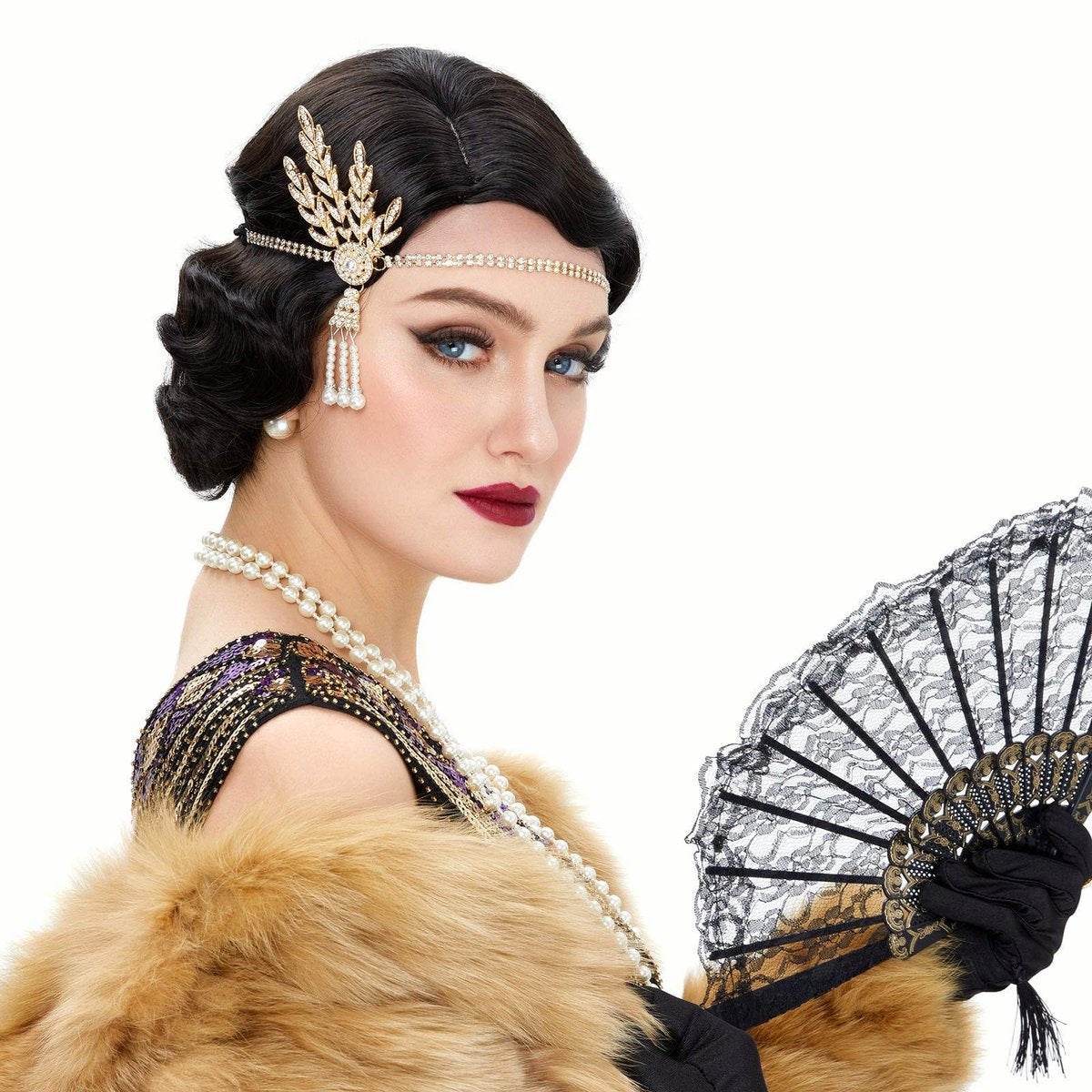 REEWES Long 1920s Finger Wave Wig - Vintage Curly Short Synthetic Hair Wig for Women, Cosplay Costume Fancy Dress with Wig Cap (Black) - görsel 9
