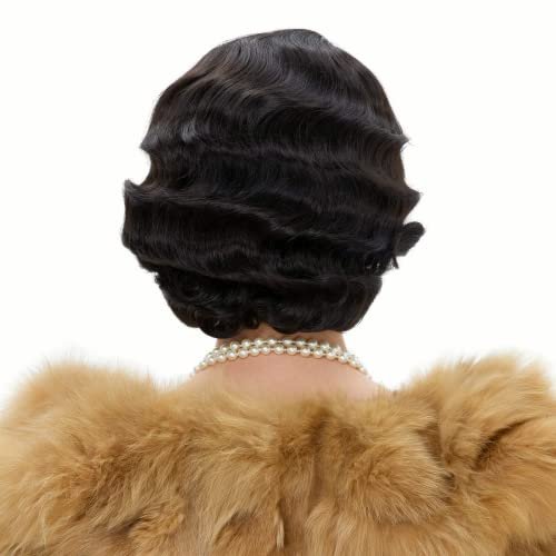 REEWES Long 1920s Finger Wave Wig - Vintage Curly Short Synthetic Hair Wig for Women, Cosplay Costume Fancy Dress with Wig Cap (Black) - görsel 14