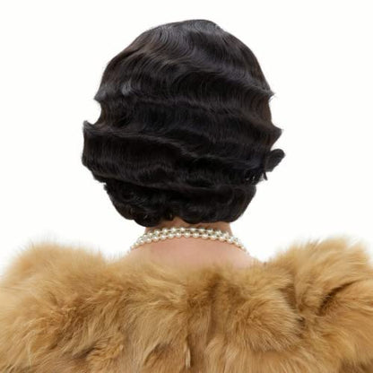 REEWES Long 1920s Finger Wave Wig - Vintage Curly Short Synthetic Hair Wig for Women, Cosplay Costume Fancy Dress with Wig Cap (Black)