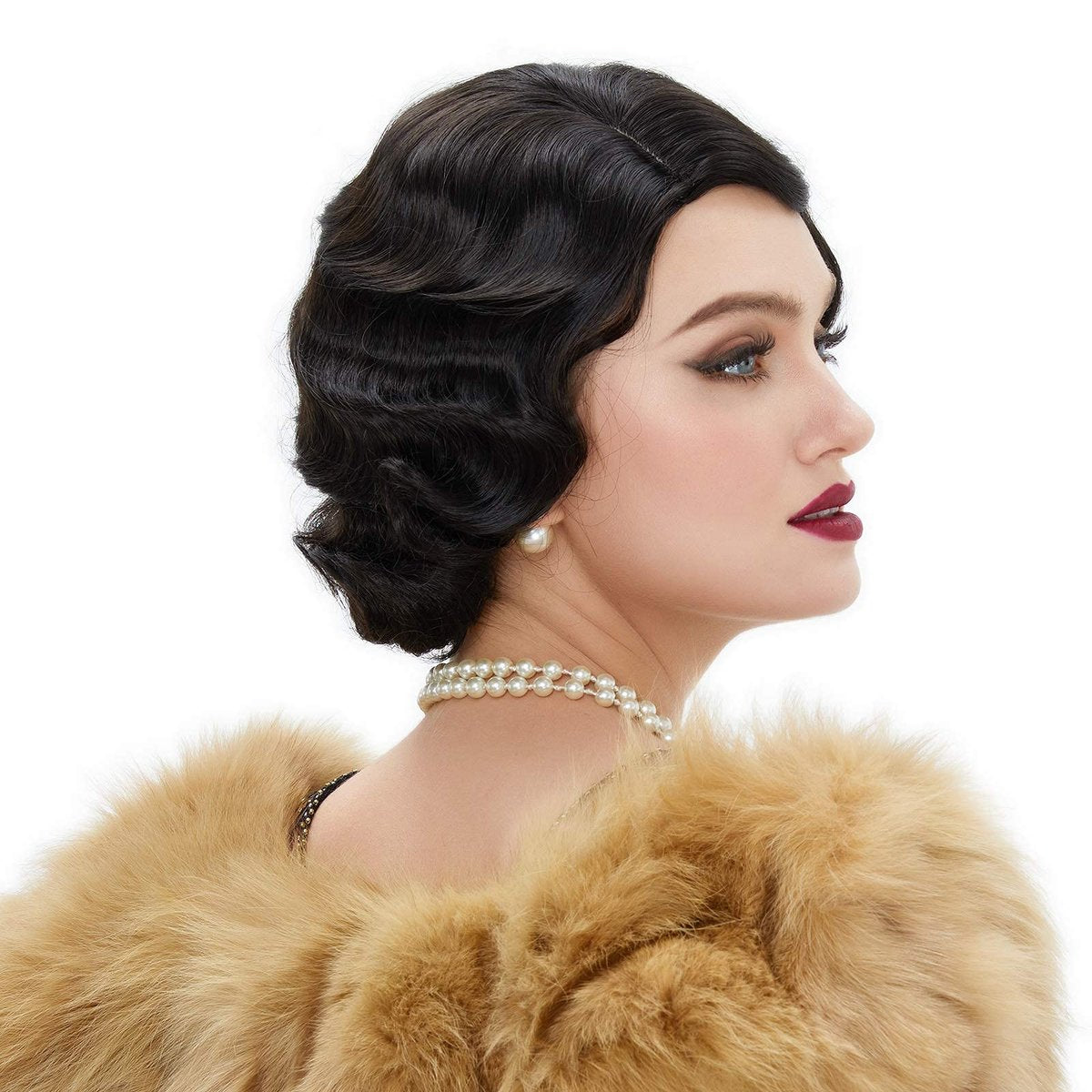 REEWES Long 1920s Finger Wave Wig - Vintage Curly Short Synthetic Hair Wig for Women, Cosplay Costume Fancy Dress with Wig Cap (Black) - görsel 11