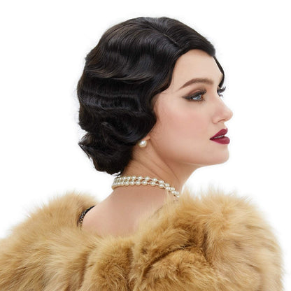 REEWES Long 1920s Finger Wave Wig - Vintage Curly Short Synthetic Hair Wig for Women, Cosplay Costume Fancy Dress with Wig Cap (Black)