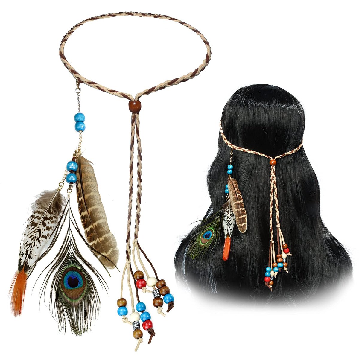 Boho Feather Headbands for Women - Indian Feather Headpiece Festival Costume Hair Accessories - görsel 2
