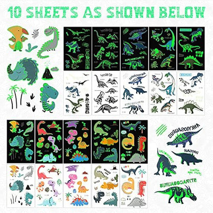 Zonon Glow Dinosaur Temporary Tattoos for Kids - Glow in Dark Luminous Dino Tattoo Stickers for Halloween, Dinosaur Theme Birthday Party Favors & Gifts