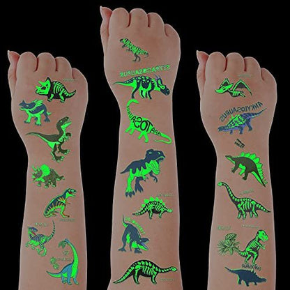 Zonon Glow Dinosaur Temporary Tattoos for Kids - Glow in Dark Luminous Dino Tattoo Stickers for Halloween, Dinosaur Theme Birthday Party Favors & Gifts