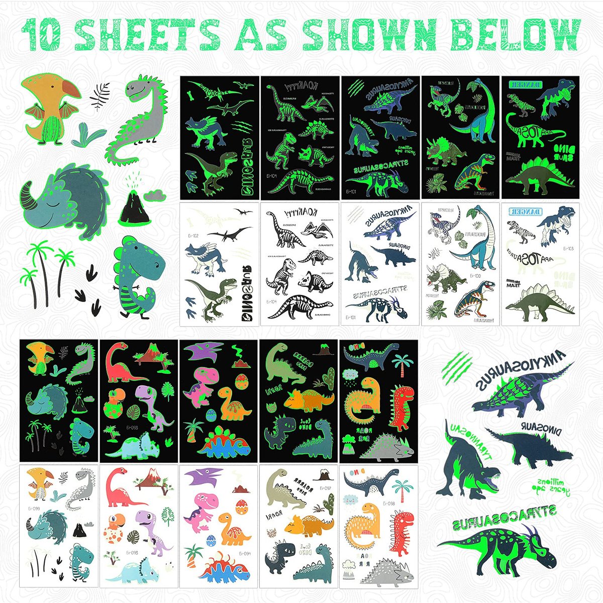 Zonon Glow Dinosaur Temporary Tattoos for Kids - Glow in Dark Luminous Dino Tattoo Stickers for Halloween, Dinosaur Theme Birthday Party Favors & Gifts - görsel 3