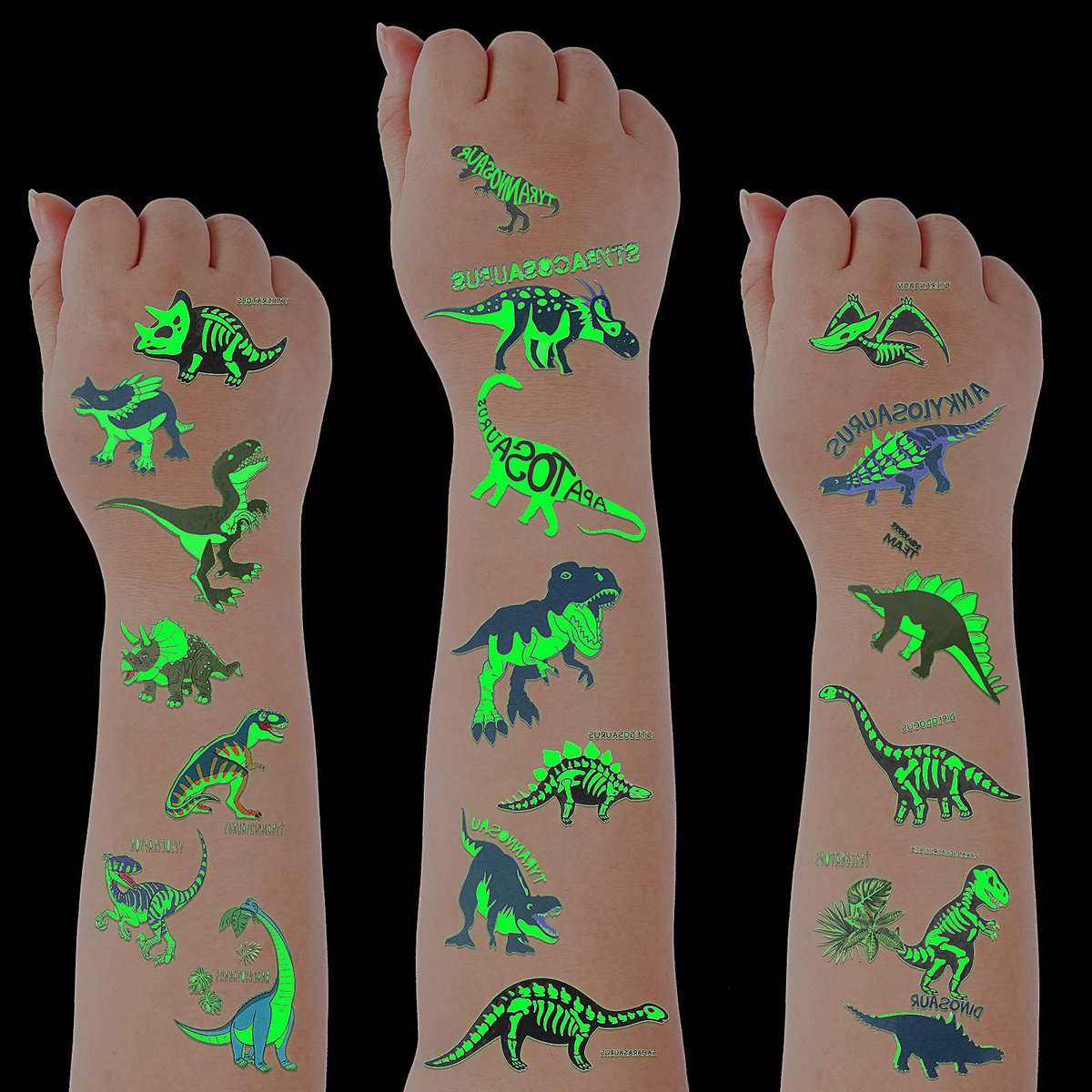 Zonon Glow Dinosaur Temporary Tattoos for Kids - Glow in Dark Luminous Dino Tattoo Stickers for Halloween, Dinosaur Theme Birthday Party Favors & Gifts - görsel 1