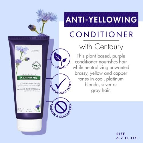 Klorane Plant-Based Purple Conditioner with Centaury - Brightens Blonde, Gray & White Hair - Neutralizes Yellow & Copper Tones - Paraben, Silicone & Sulfate Free - 6.7 fl oz Avelisse