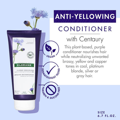 Klorane Plant-Based Purple Conditioner with Centaury - Brightens Blonde, Gray & White Hair - Neutralizes Yellow & Copper Tones - Paraben, Silicone & Sulfate Free - 6.7 fl oz Avelisse