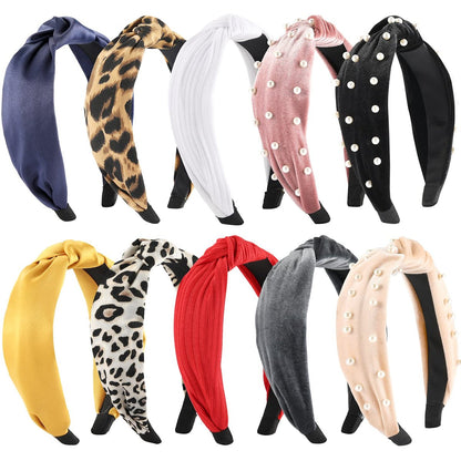 Funtopia 10-Piece Knotted Pearl Wide Headbands Set – Velvet, Leopard Print & Turban Styles for Women & Girls Avelisse