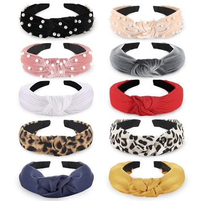 Funtopia 10-Piece Knotted Pearl Wide Headbands Set – Velvet, Leopard Print & Turban Styles for Women & Girls Avelisse