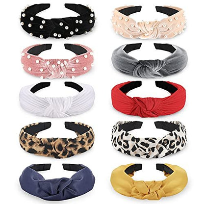 Funtopia 10-Piece Knotted Pearl Wide Headbands Set – Velvet, Leopard Print & Turban Styles for Women & Girls Avelisse