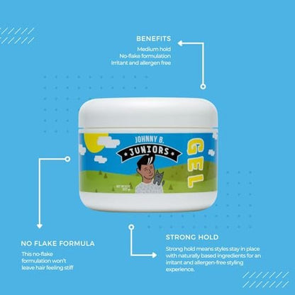 JOHNNY B. Juniors Hair Gel for Kids – No-Flake, Medium Hold, 8 oz Jar Avelisse
