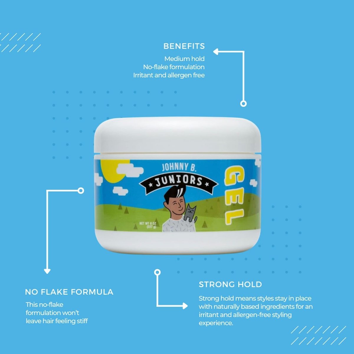 JOHNNY B. Juniors Hair Gel for Kids – No-Flake, Medium Hold, 8 oz Jar Avelisse
