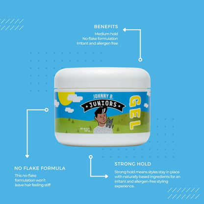 JOHNNY B. Juniors Hair Gel for Kids – No-Flake, Medium Hold, 8 oz Jar Avelisse