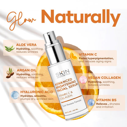 Skin Aesthetics Vitamin C Serum for Face with Collagen - Dark Spots, Skin Brightening, Anti-Aging & Acne, Fine Lines & Wrinkles - Vegan, Clean Beauty Korean Skincare
