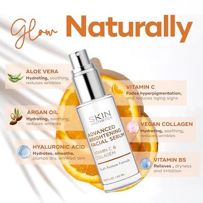 Skin Aesthetics Vitamin C Serum for Face with Collagen - Dark Spots, Skin Brightening, Anti-Aging & Acne, Fine Lines & Wrinkles - Vegan, Clean Beauty Korean Skincare
