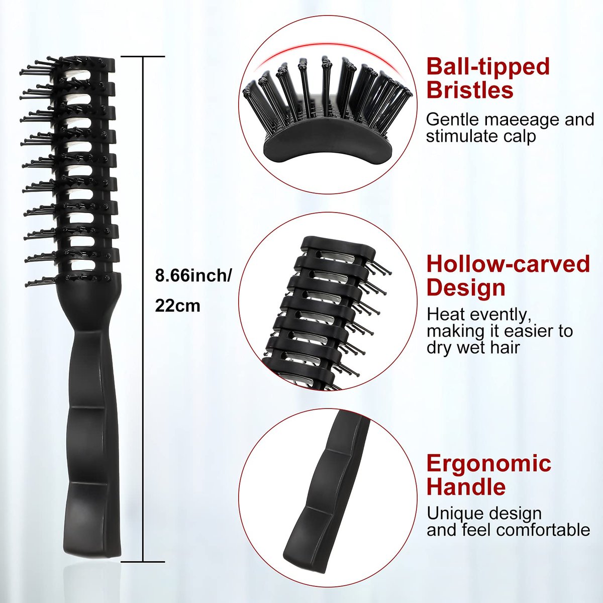 Patelai 3-Piece Vent Hair Brush Set for Women & Men – Black Anti-Static Styling Brushes for Wet, Short, Curly, Straight Hair – Fast Blow Drying - görsel 3