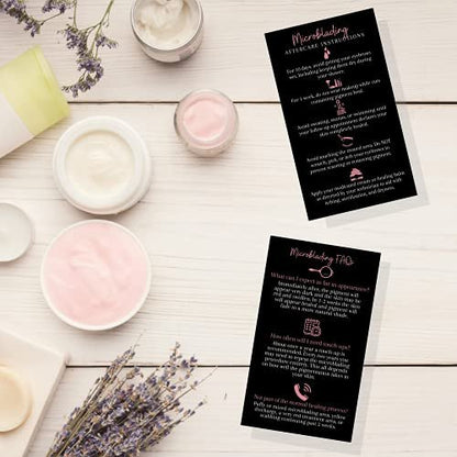 Boutique Marketing LLC Microblading Aftercare Cards – 50 Pack, 3.5 x 2 inches, Disposable FAQ & Care Instructions, Black & Rosey Pink Design